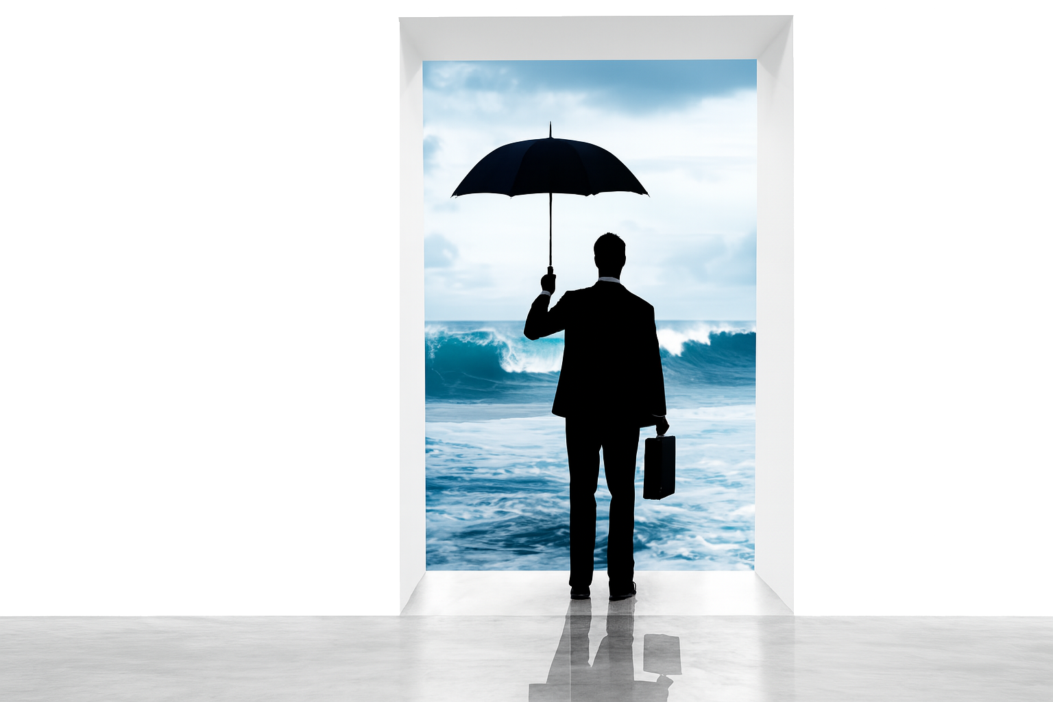 Businessman with umbrella facing stormy seas representing commercial umbrella insurance protection against major liability claims