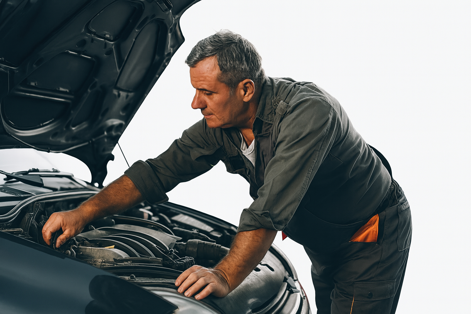 Experienced auto mechanic working on customer vehicle engine representing expert garage keepers insurance support and confidence