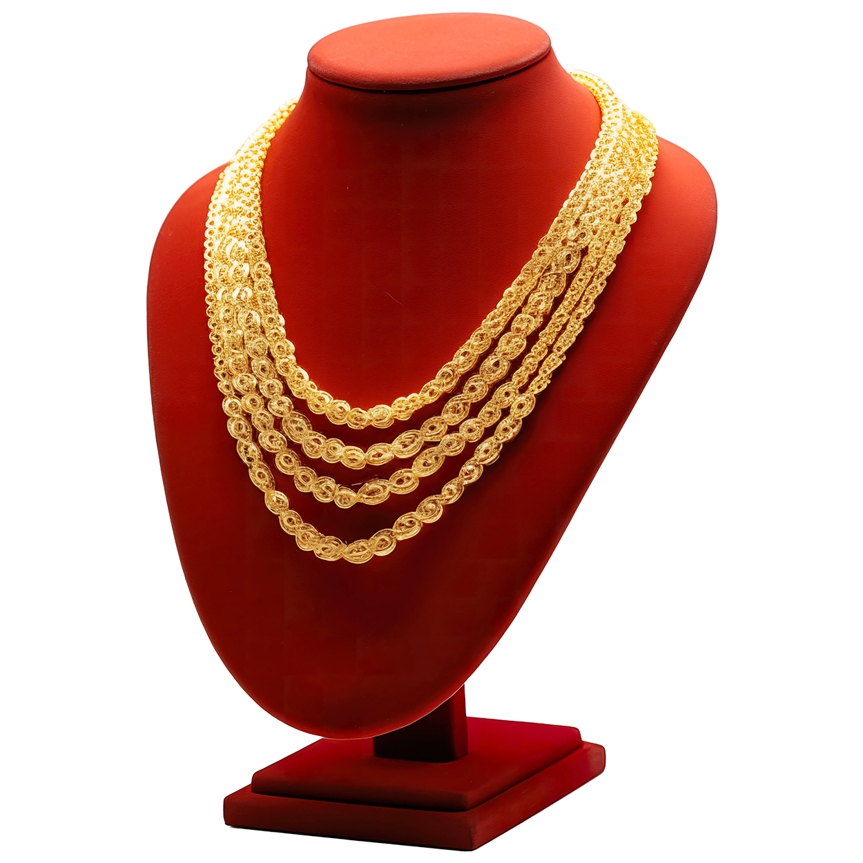 Elegant multi-layered gold chain necklace on red velvet display stand representing valuable jewelry requiring comprehensive insurance coverage