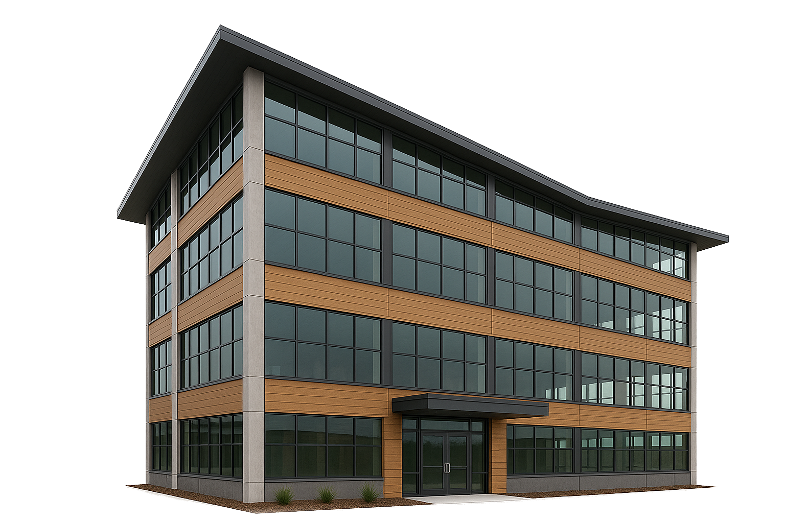Modern multi-story office building with wood and glass facade representing comprehensive commercial property insurance protection