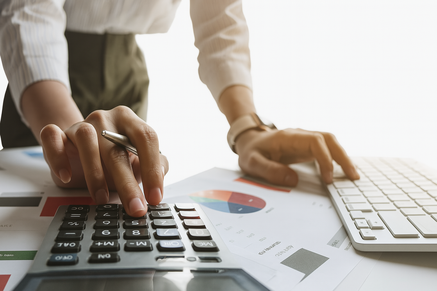 Professional financial analyst working with calculator, laptop, and business reports representing comprehensive professional liability insurance coverage for financial and consulting services