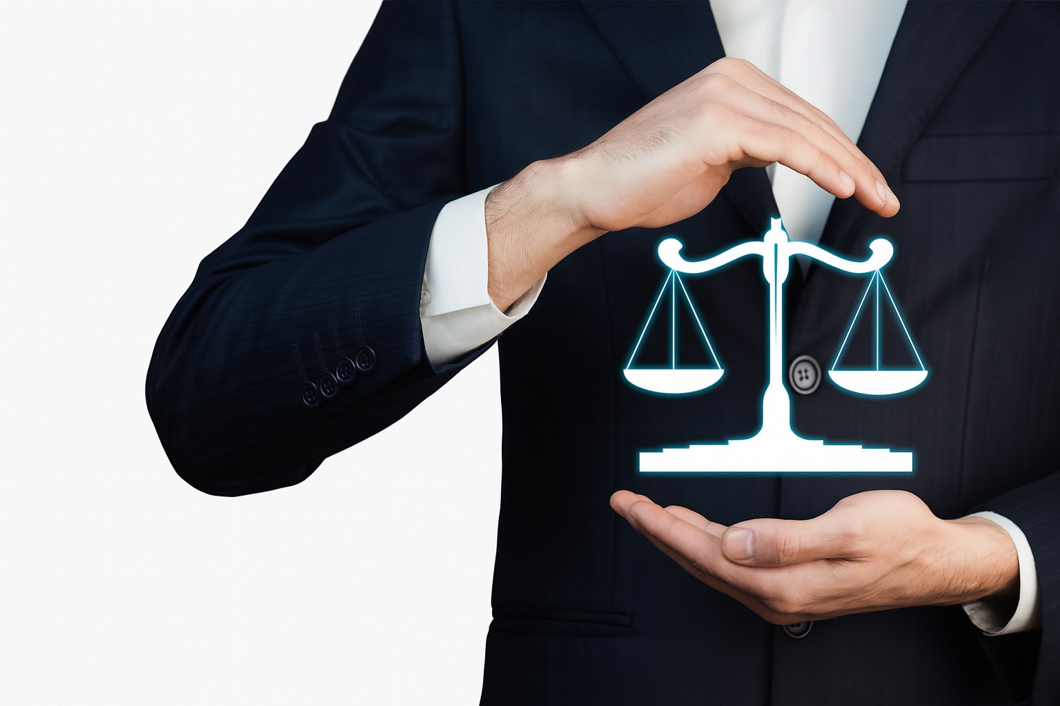 Professional businessperson protecting scales of justice representing legal defense coverage and professional accountability in liability insurance