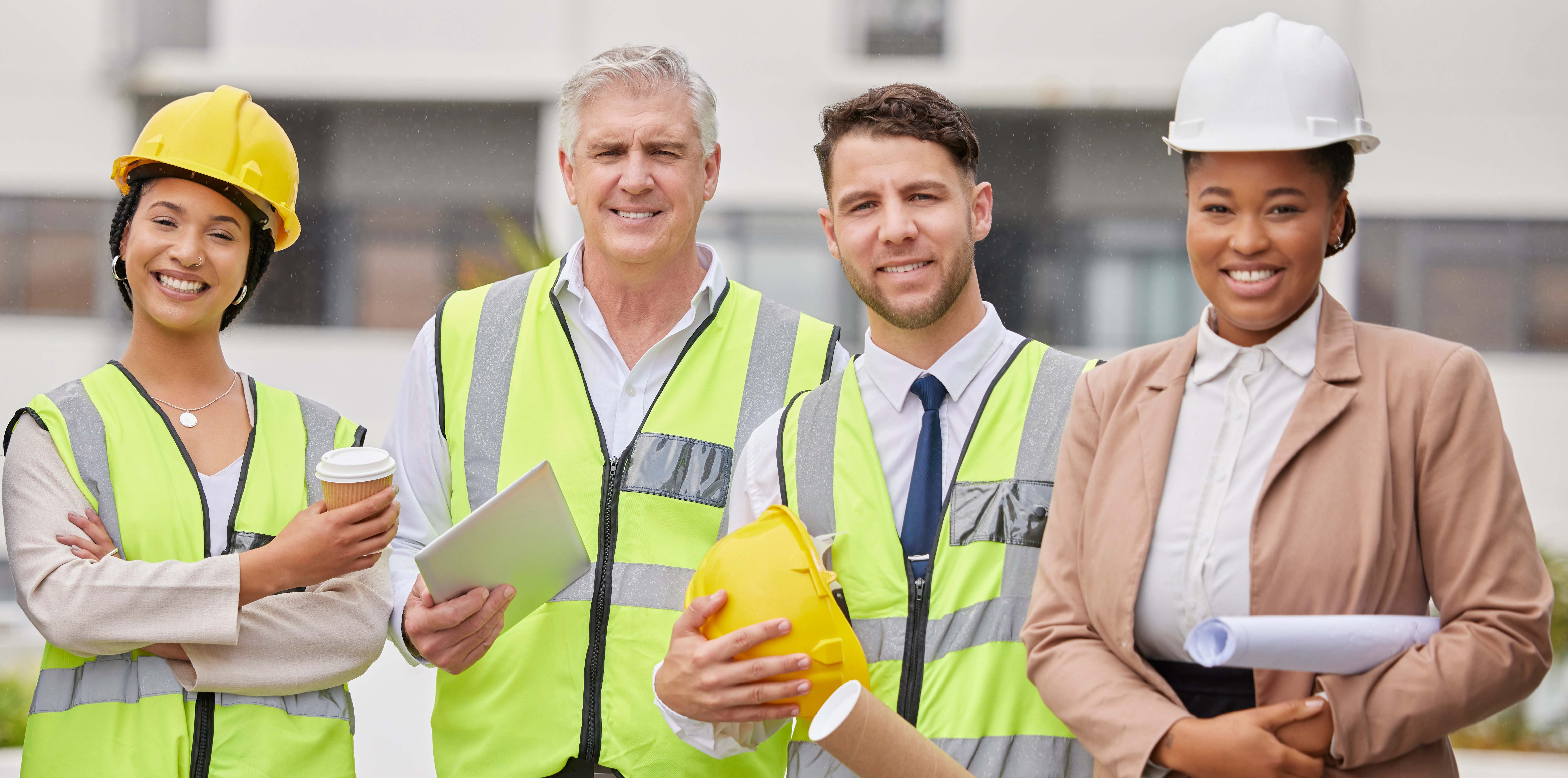 Diverse team of construction and engineering professionals including architects, engineers, and project managers at construction site representing professionals who need comprehensive liability insurance coverage
