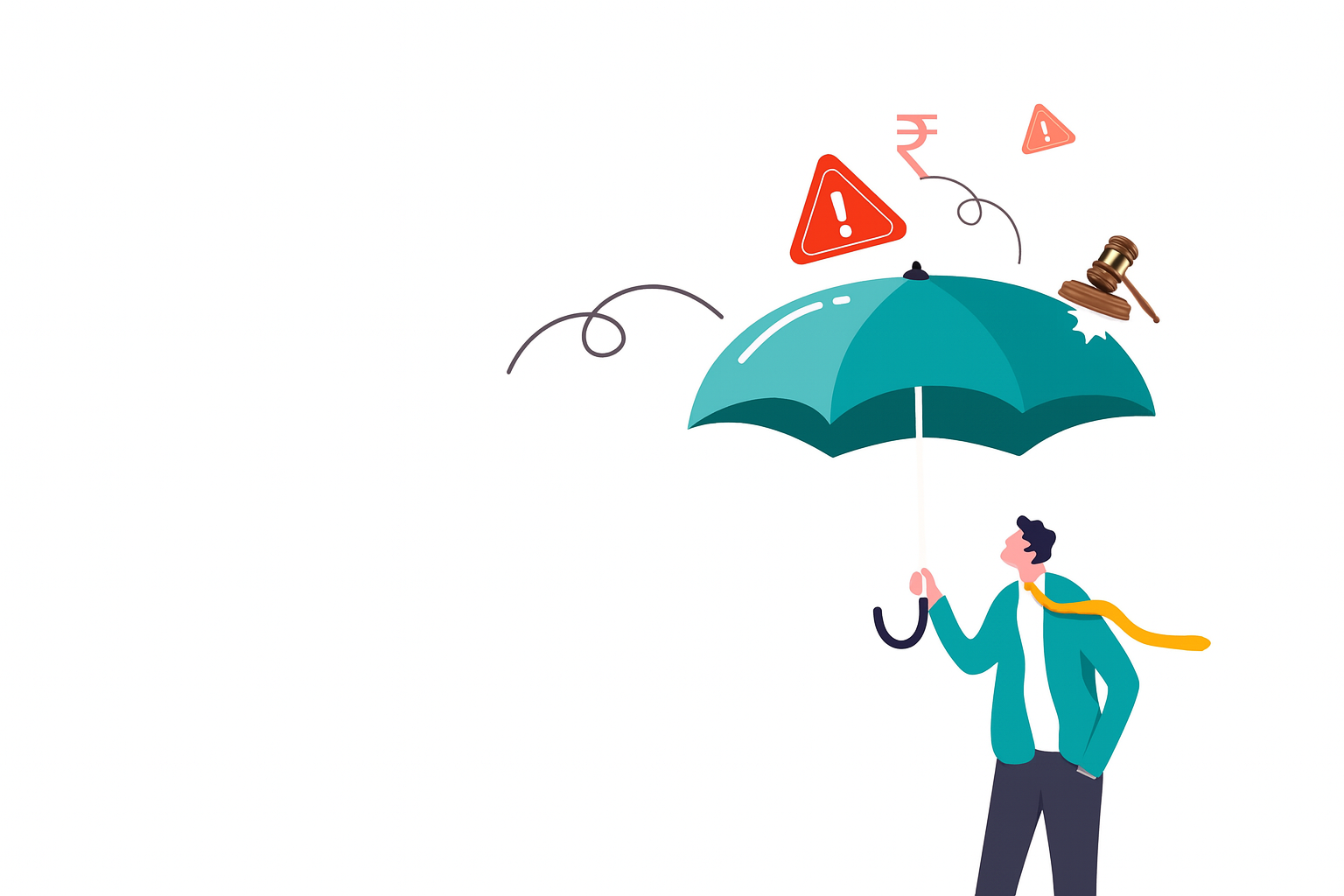 Professional with protective umbrella shielding against legal risks, warning symbols, and financial penalties representing comprehensive errors and omissions insurance coverage