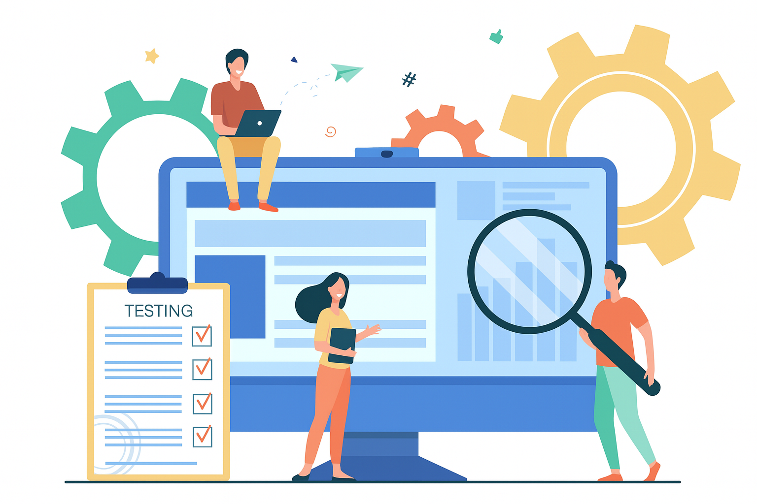 Professional team conducting quality assurance testing and analysis with computer systems, checklists, and magnifying glass representing comprehensive errors and omissions coverage and risk management processes