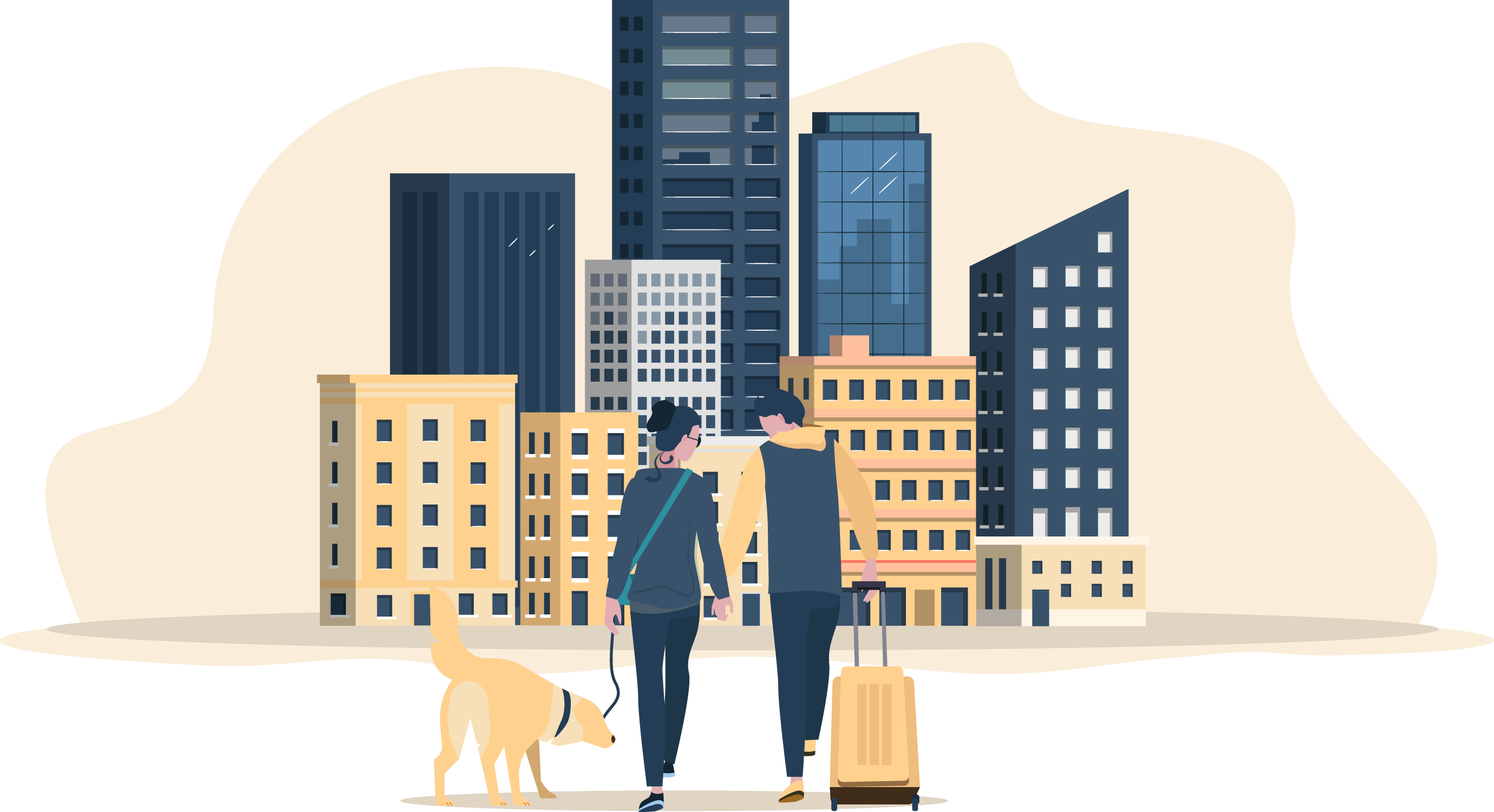 Young couple with luggage and dog in urban setting representing renters insurance coverage for tenants