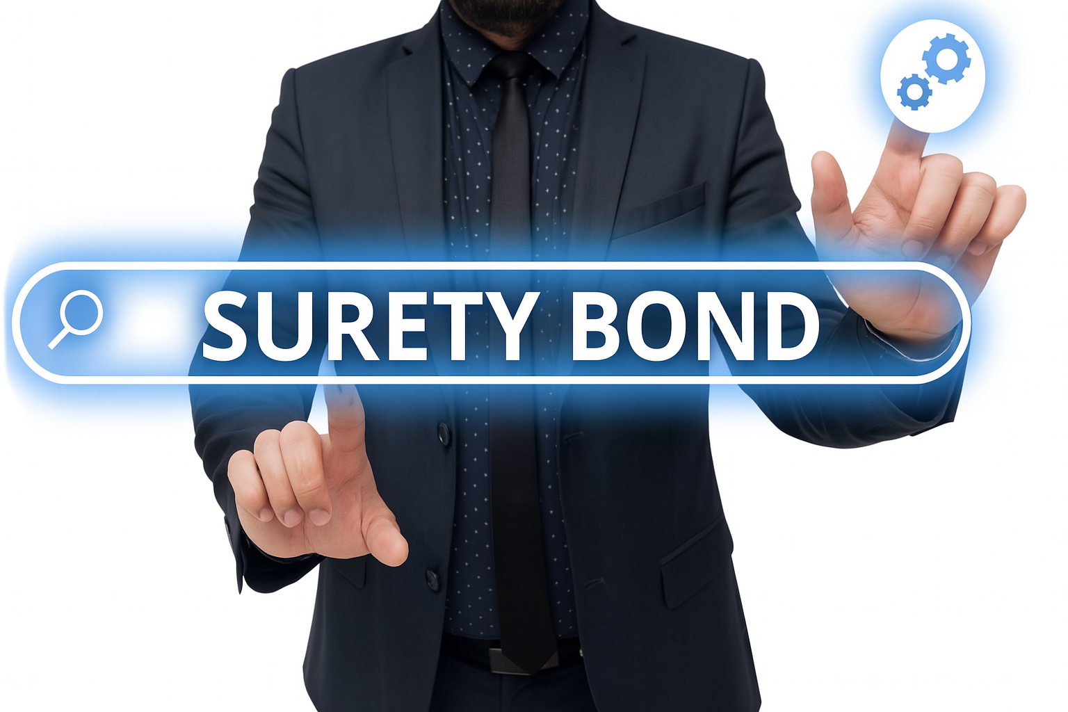 Professional businessman accessing digital surety bond services representing expert bond specialists and comprehensive coverage solutions