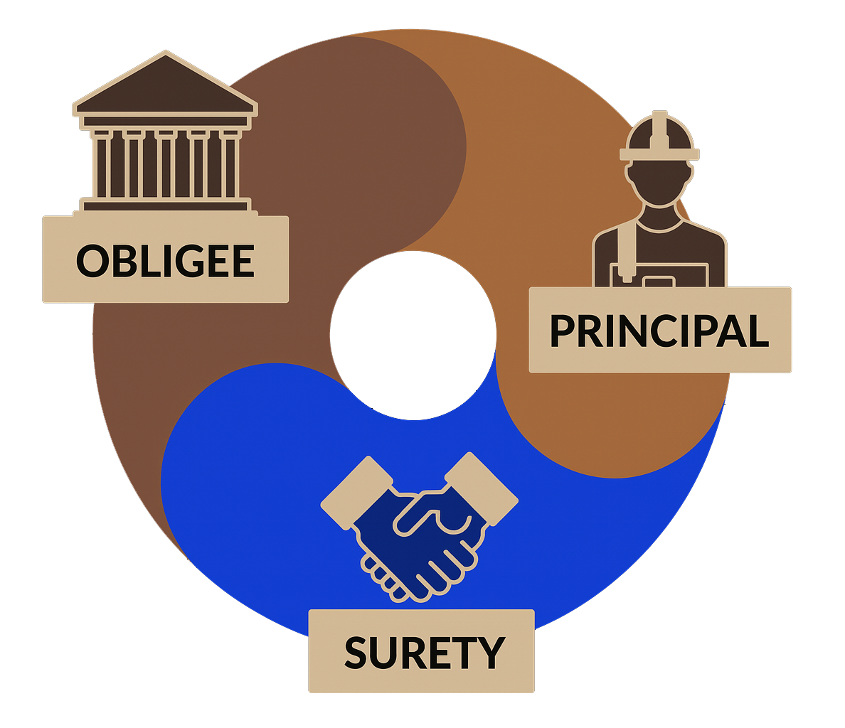 Surety bond three-party relationship diagram showing Obligee, Principal, and Surety with handshake representing comprehensive bond solutions