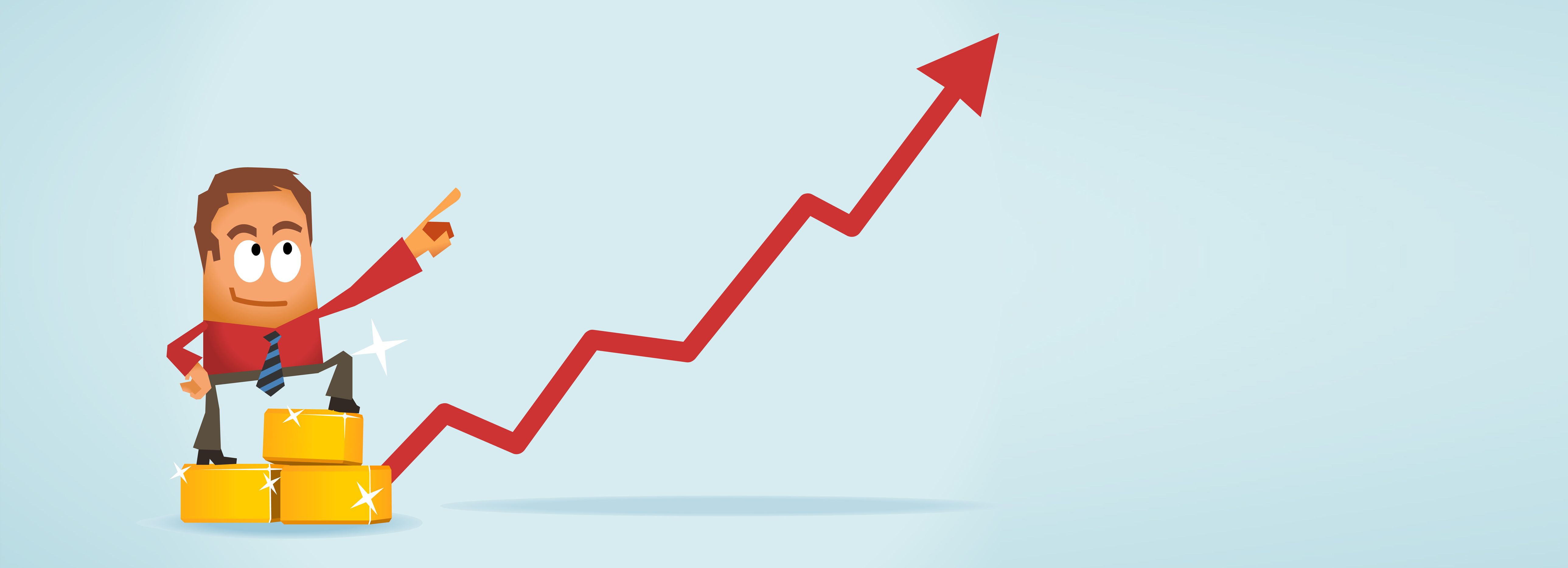 Cartoon businessman celebrating success on golden steps with upward trending arrow representing business growth and achievement through surety bonds