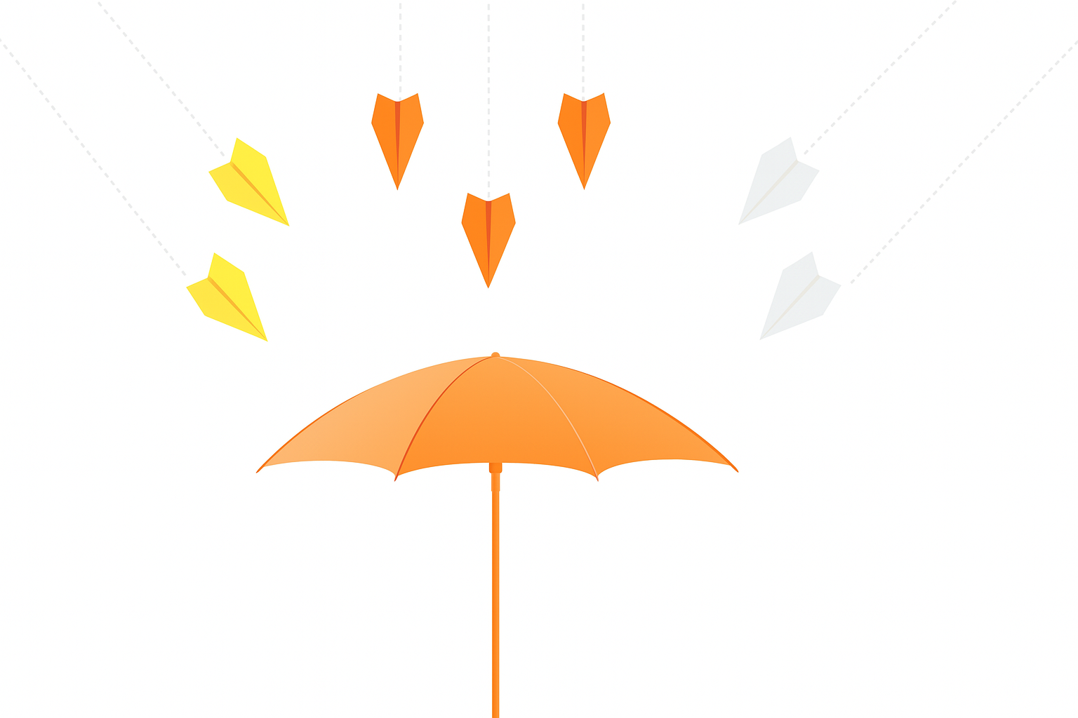 Orange umbrella protecting against various risks represented by paper airplanes showing comprehensive commercial umbrella insurance coverage