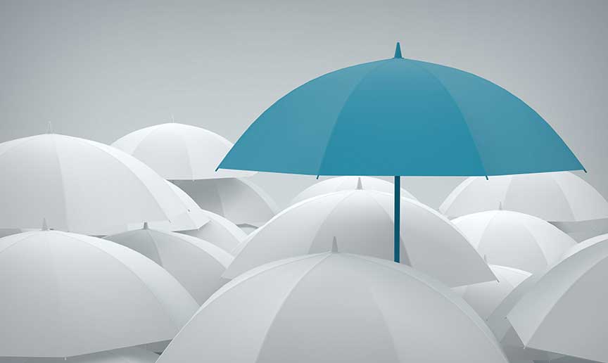 Blue umbrella standing out among white umbrellas representing superior umbrella insurance protection