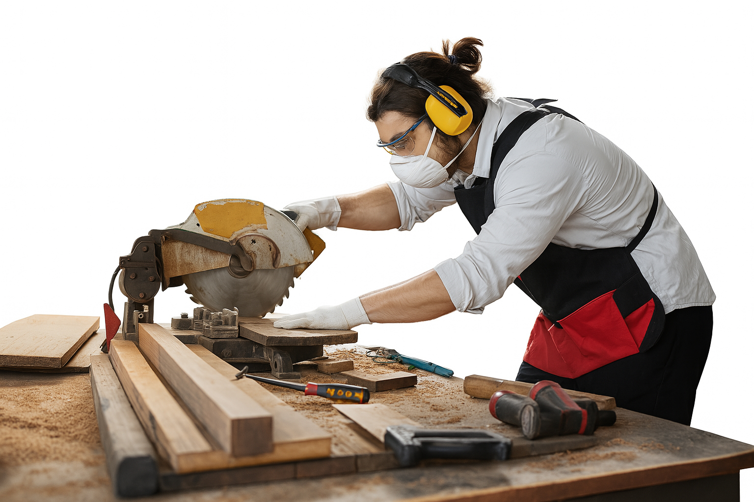 Professional woodworker using safety equipment while operating power tools, representing small business owners who benefit from BOP coverage