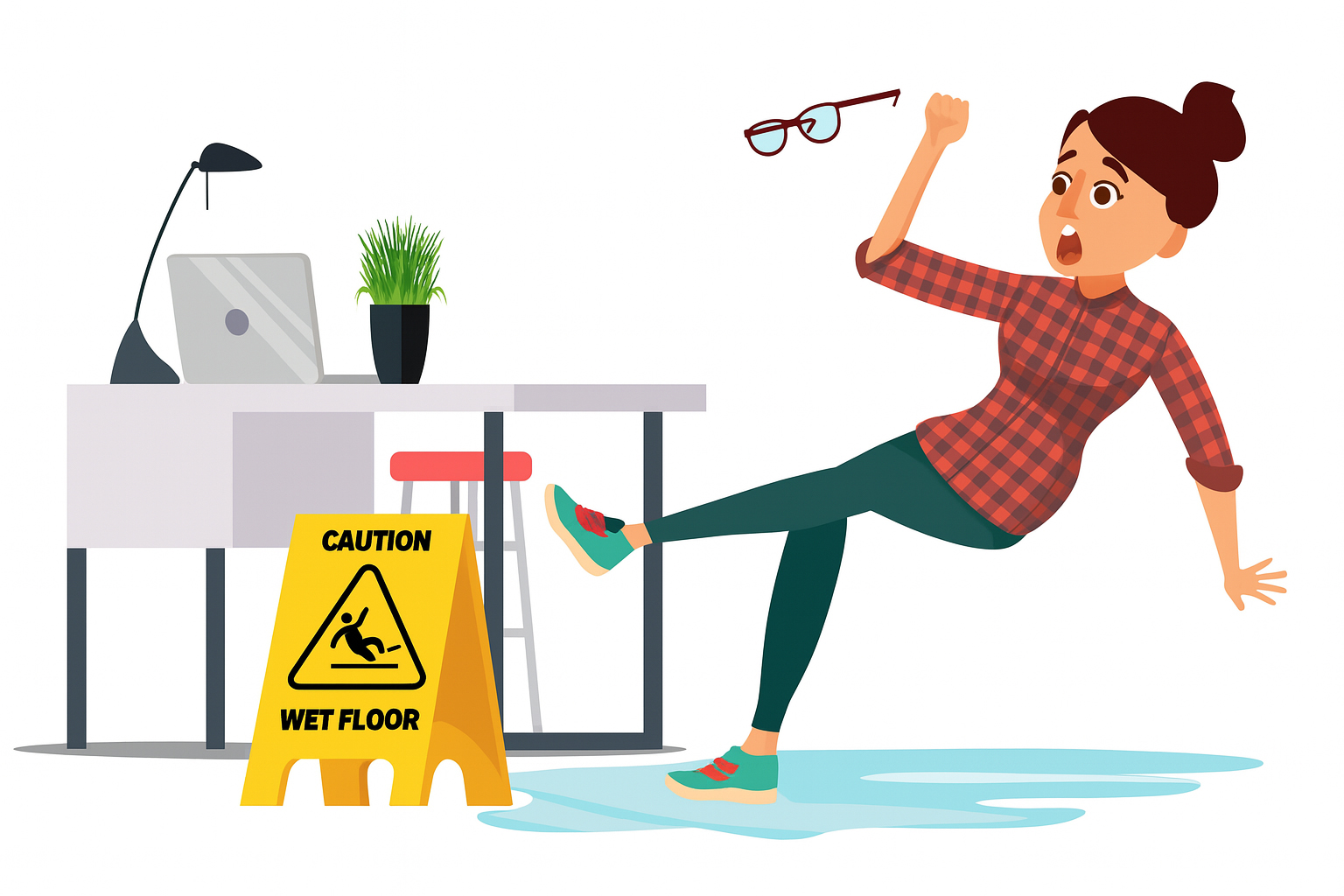 Workplace slip and fall accident illustration showing the importance of workers compensation coverage for employee injuries